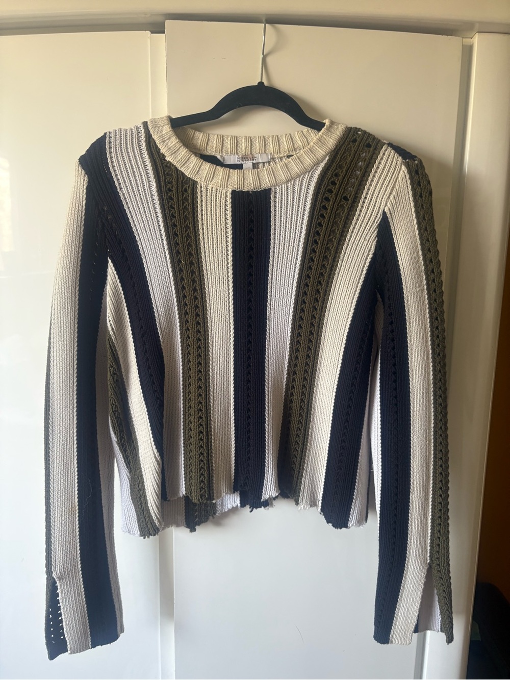 Derek Lam Striped Crewneck Sweater in Cream, Navy & Olive